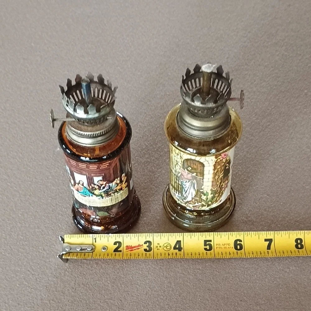 Vintage Amber and Pale Yellow Glass Mini Oil Lanterns with Religious Panels